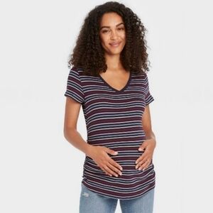 Isabel Maternity V-neck Side Shirred Striped Short sleeve tee Navy Size S